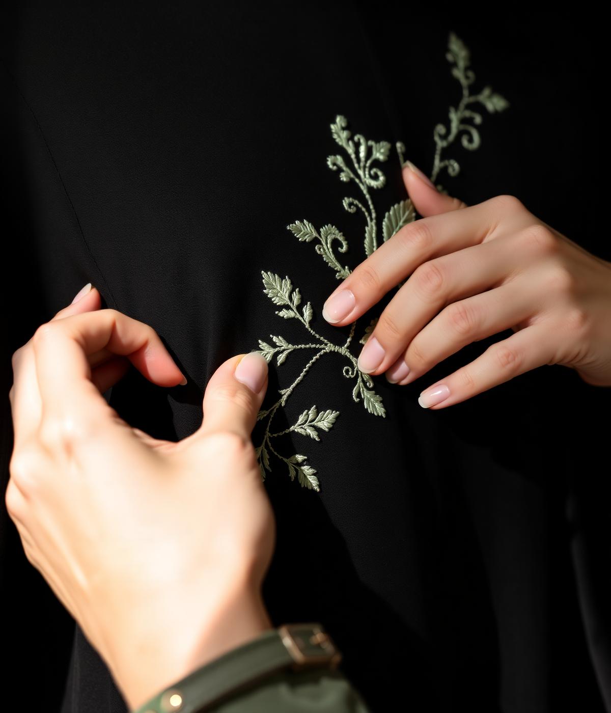 Detail of hand embroidery in sage green thread